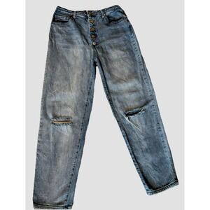 Abound Button Fly Jeans Women Sz 29 (US 6) Stretch Rip Light Blue Hi-Rise Casual